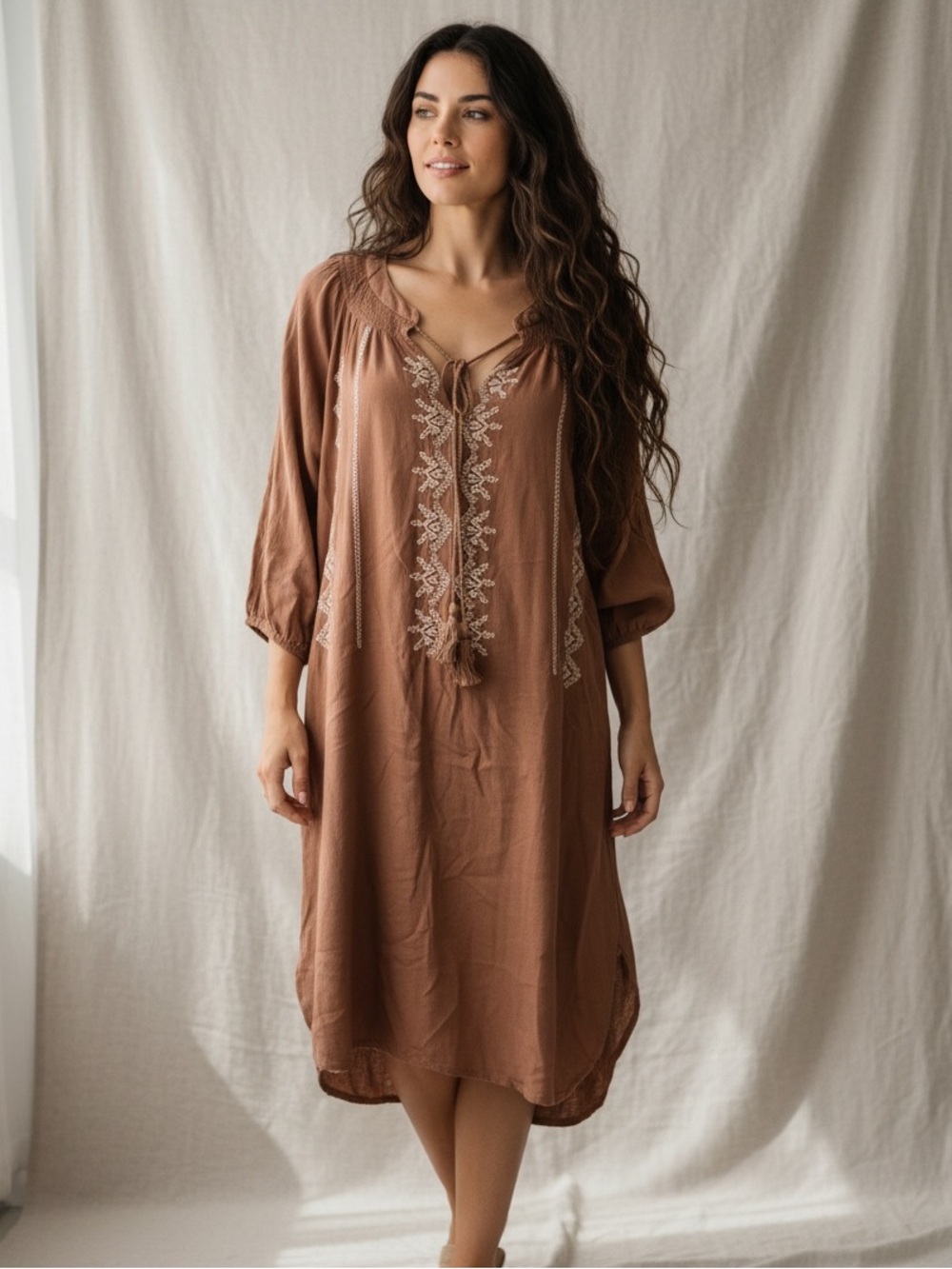 YA Los Angeles Embroidered Tassel Brown Dress Size S